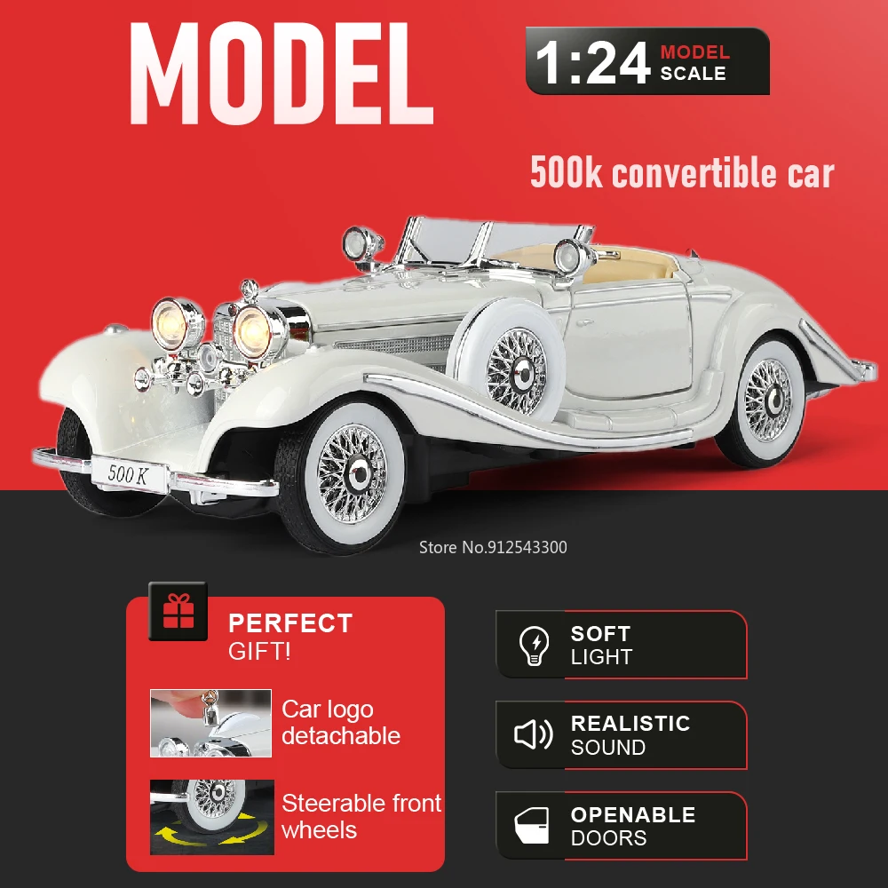 

1:24 Scale 500K 300SL Sports Car Model Toy Alloy Diecast Doors Opened Shock Absorption Supercar Sound Light Gifts for Boys