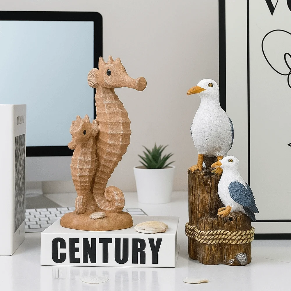 

Mediterranean Style Resin Seagull Figurine Handmade Waterproof Pelican Seahorse Ornament Beach Theme Small Sea Bird Statue