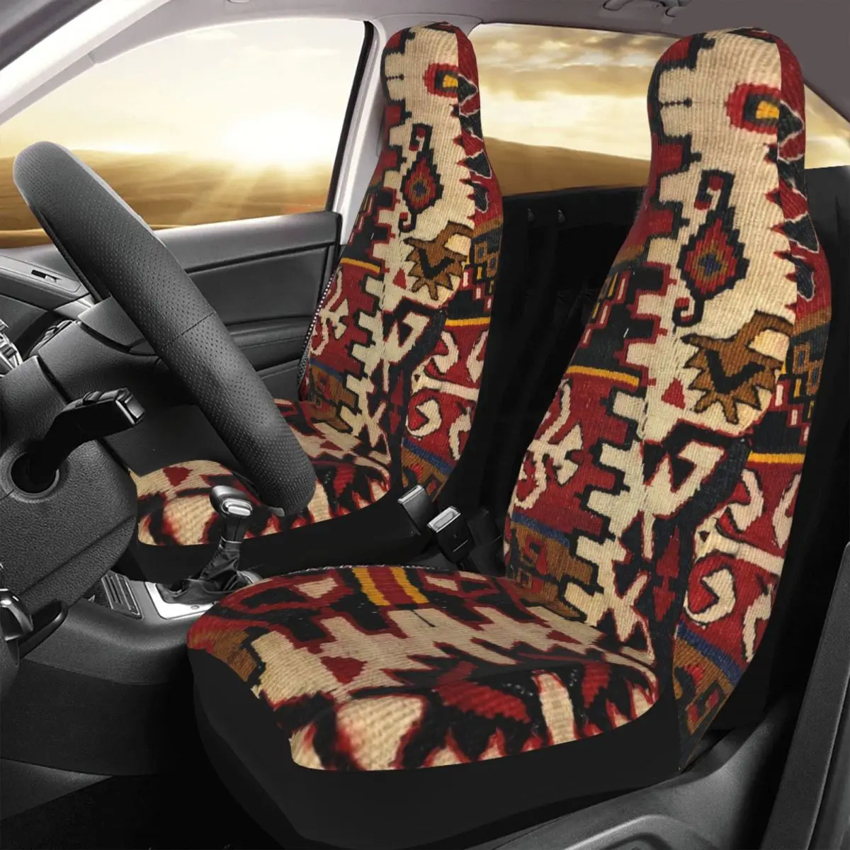 Boho Bohemian Turkish Ethnic Kilim Car Seat Cover 3D Print Ethnic Tribal Automobiles Seat Covers for Cars SUV or Van Auto 2 PCS