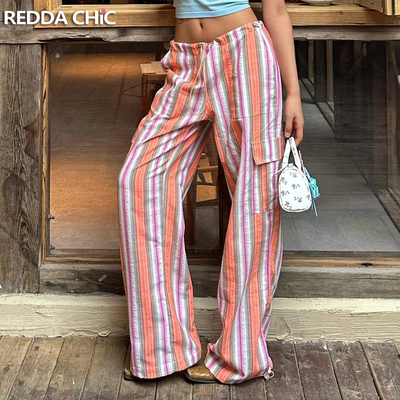 

ReddaChic Holiday Striped Women Cargo Pants Flap Pockets Drawstring Waist Casual Cotton Linen Parachute Pants Vintage Workwear