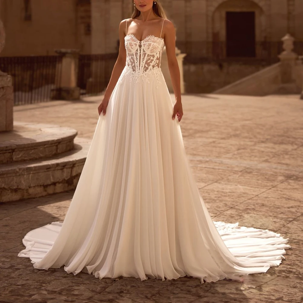 

Customized Spaghetti Strap Wedding Dresses for Bridal Sweetheart A Line Summer Wedding Gown Splice Chiffon vestidos de novia