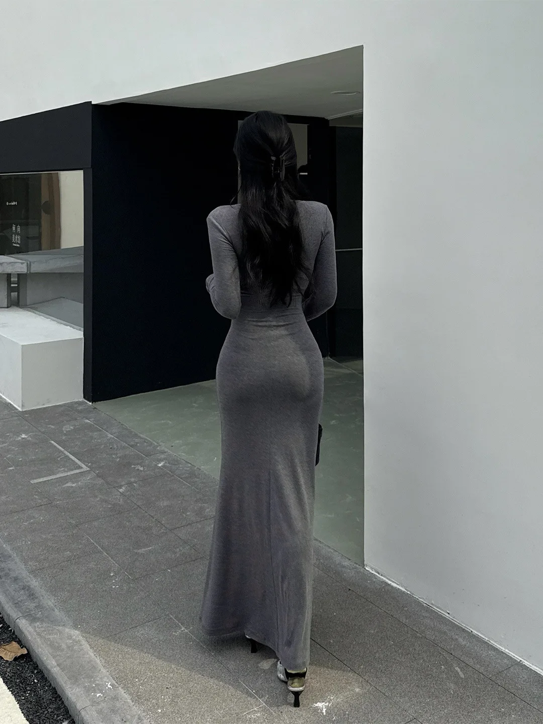 فستان نسائي غير رسمي رمادي مضلع منسوج فستان أنيق على شكل حرف v مقصوص غير منتظم على شكل حرف a صورة ظلية للحفلات المسائية فستان فيستدوس