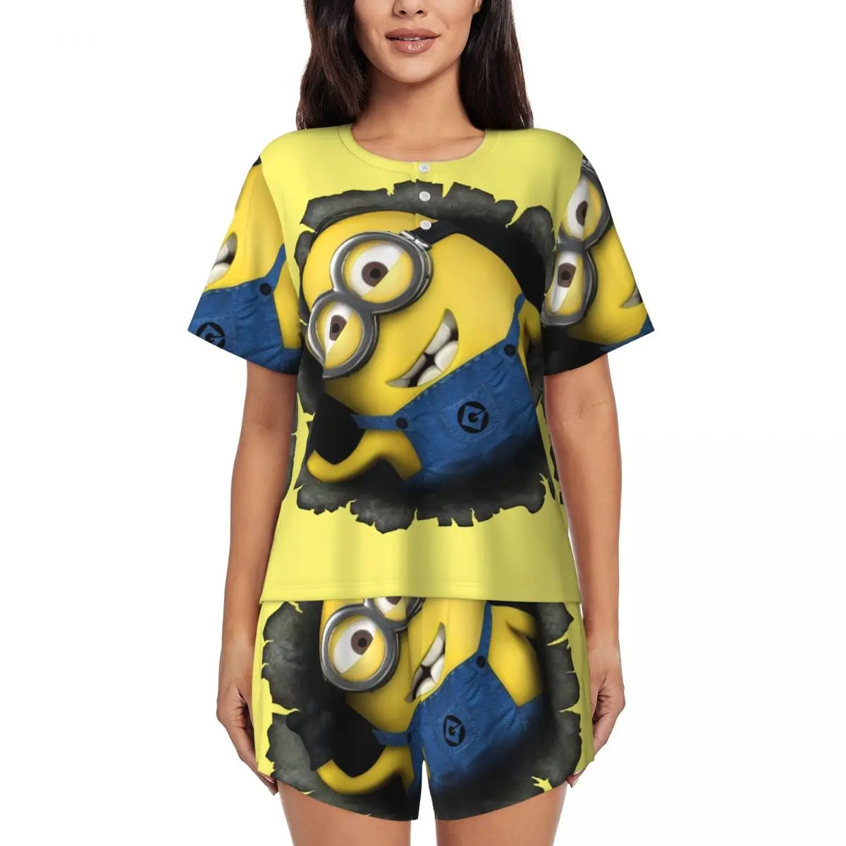 

Custom Women Cartoon Animation Minions Pajamas Set Printed 2 Piece Pjs Sets Short Sleeve Sleepwear Loungewear