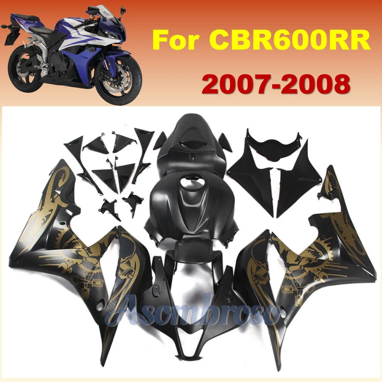 

Fairings kits fit For CBR600RR 2007 2008 CBR 600RR F5 CBR 600 ABS Injection Molding matte black gold phoenix bodywork set