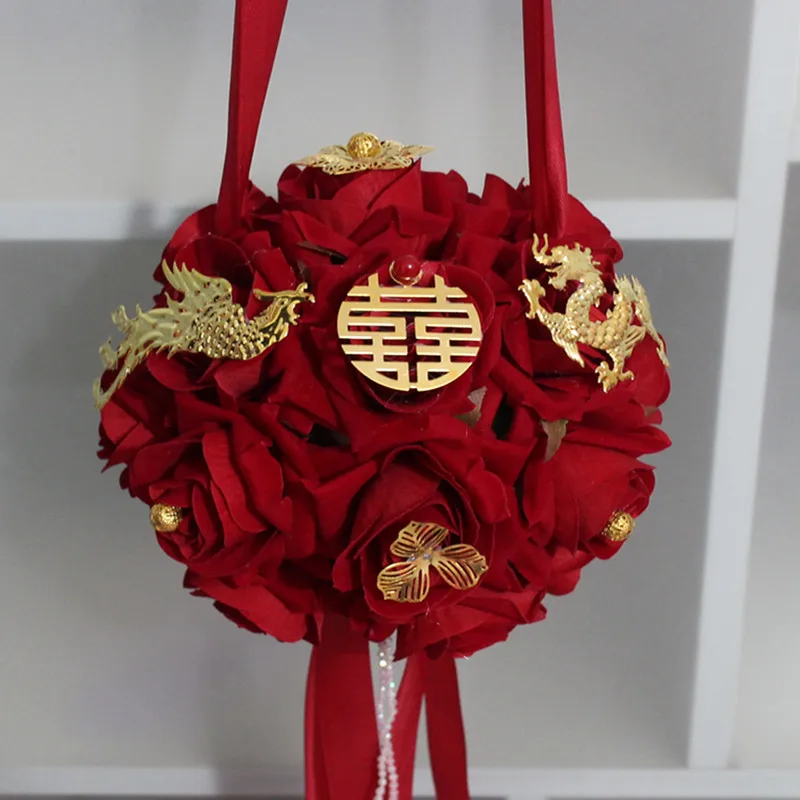 

Gate blocking flower ball, Chinese wedding embroidered ball, simulated velvet fabric, dragon and phoenix in harmony
