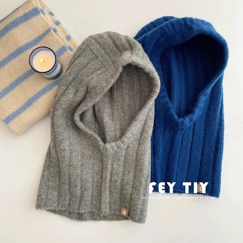 Wool Pullover Scarf Integrated Balaclava Hat Men Women Big Size Winter Neck Protection Helmet Liner Knitted Bomber Hat