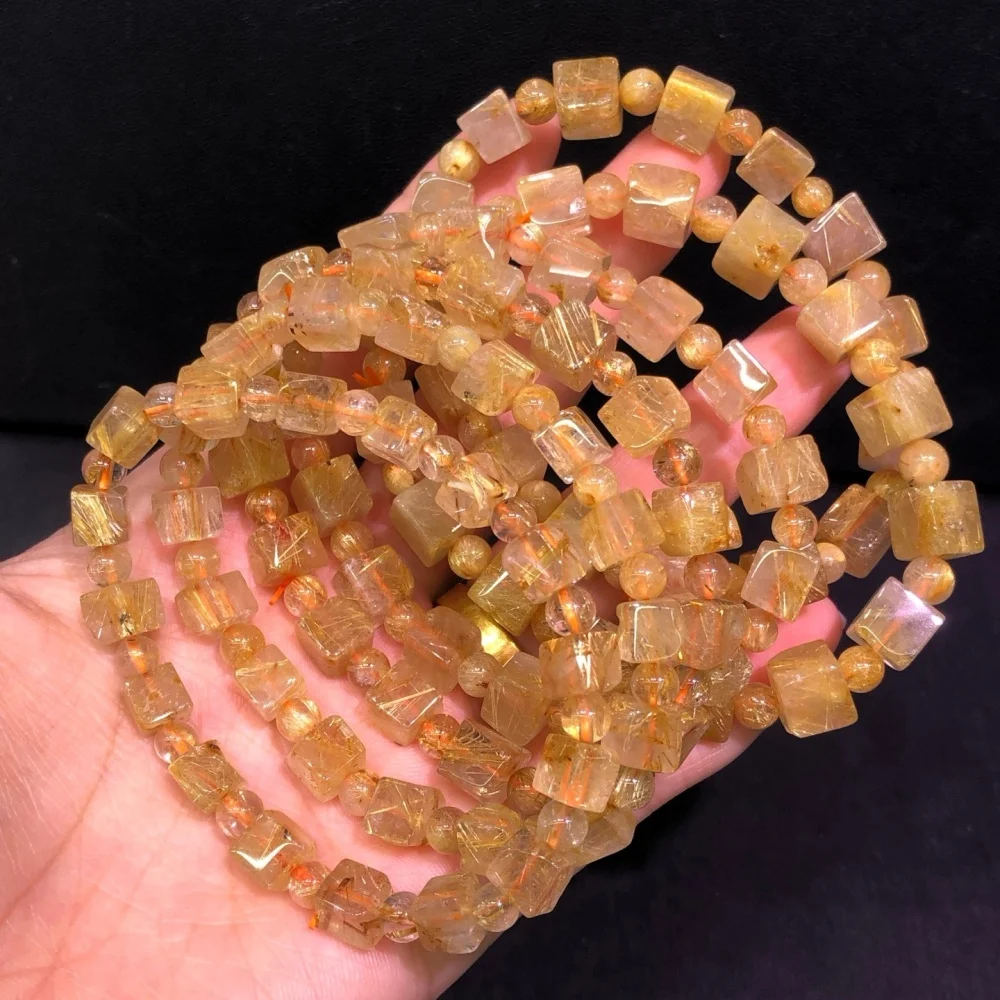 6-7MM Natural Freeform Golden Hair Quartz Cube Bracelet Women Energy Reiki Healing Bangle Jewelry Holiday Gift 1PCS
