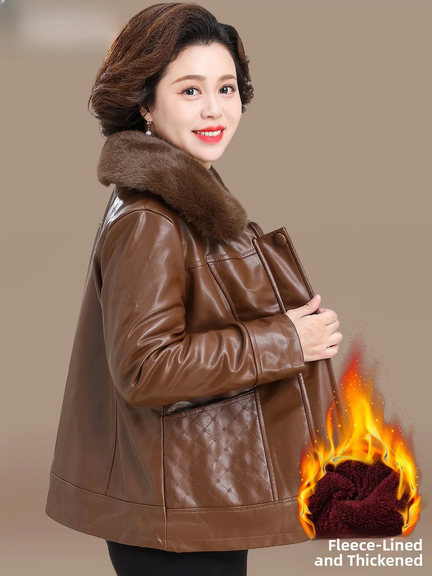 

Модная утепленная кожаная куртка на флисовой подкладке для женщин среднего возраста, зимняя теплая повседневная куртка на молнии, цветная