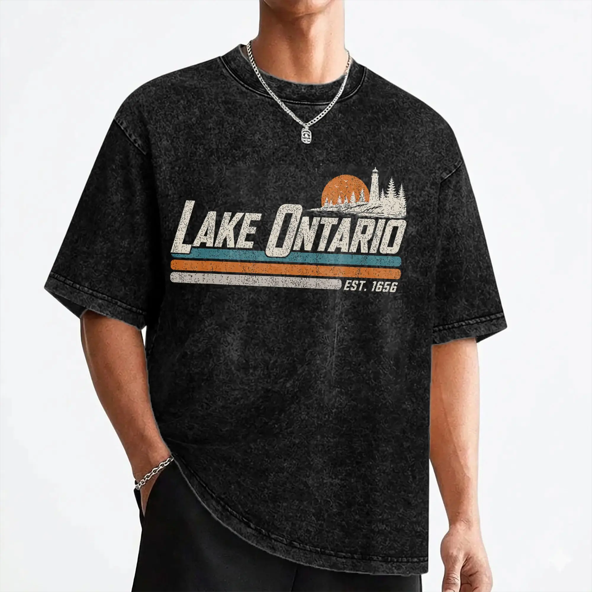 Lake Ontario Est 1615 Vintage Sunset Great Lakes Washed T Shirt Streetwear Hip Hop T-Shirts  Tees for Men Cotton Harajuku Summer