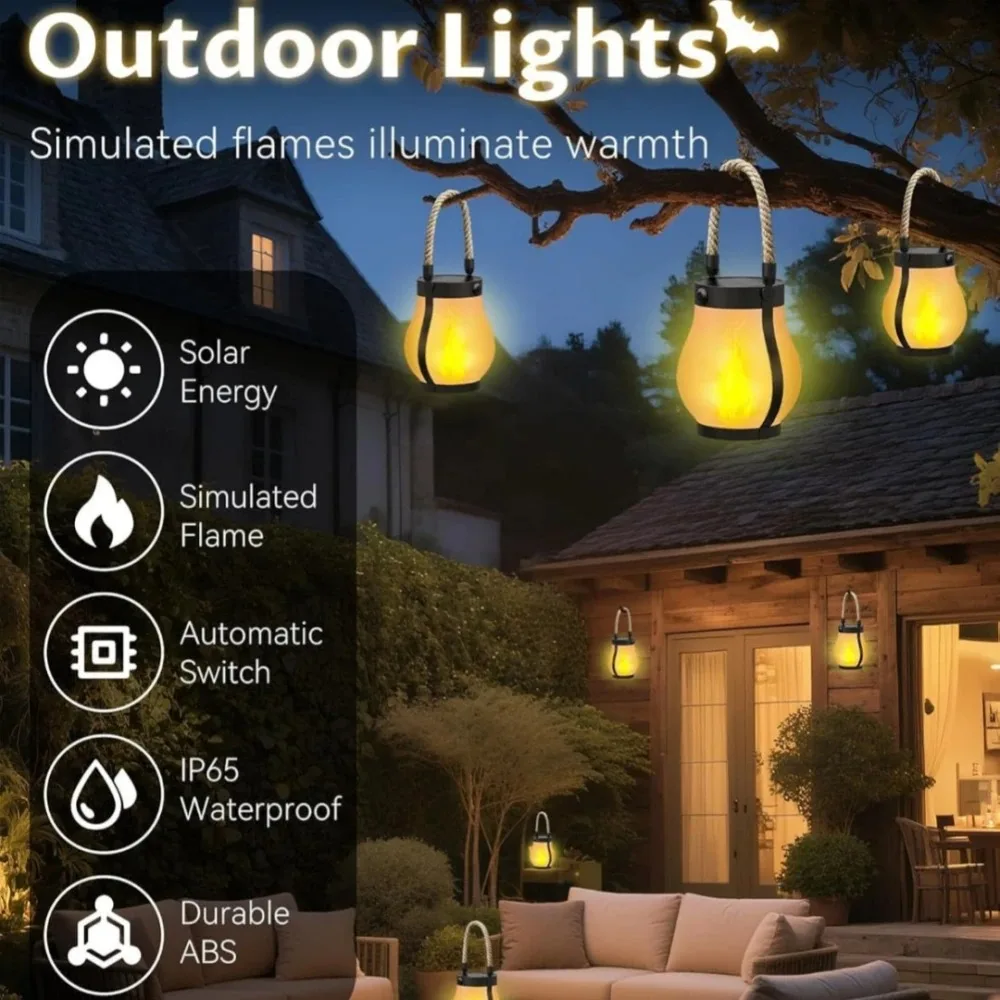 Solar Lantern Outdoor, LED Flickering Flame & Steady Light, Waterproof Hanging Hemp Rope Lamp for Garden Camping Patio Decor