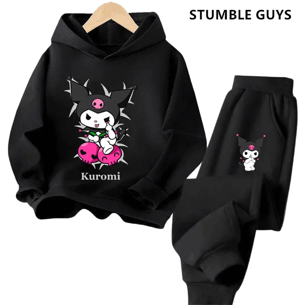 Hello Kitty Kuromi dibujos animados niños y niñas de 3 a 14 años Kawaii Street Casual sudadera niños deportes al aire libre conjunto con capucha