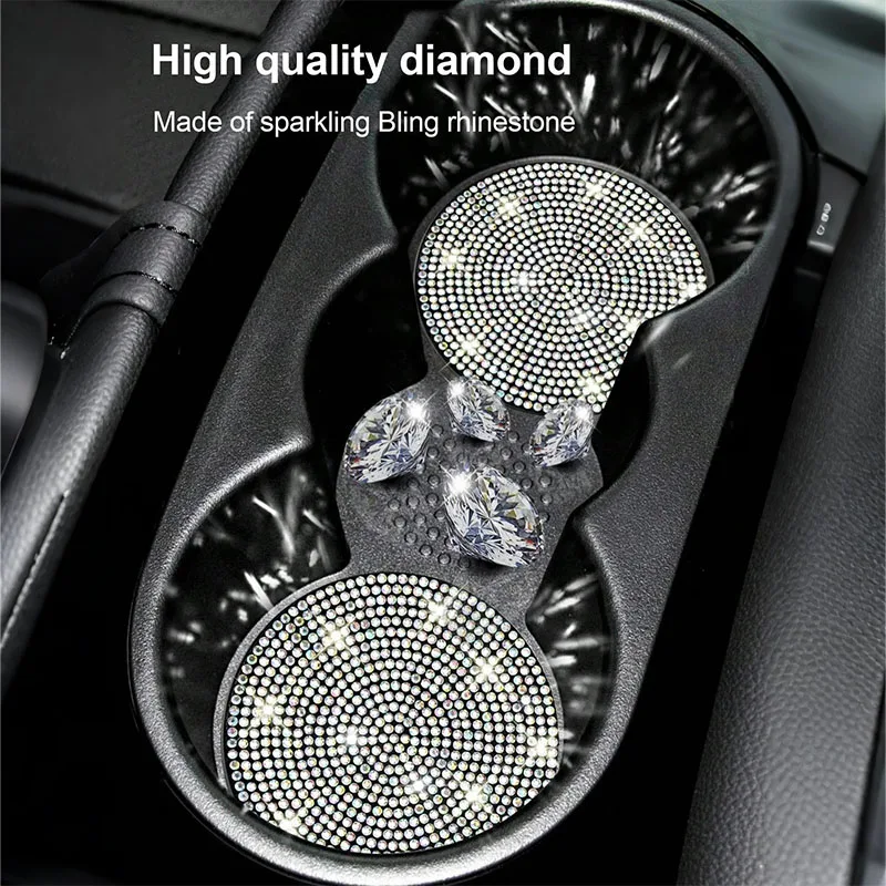 Posavasos para coche con cristal: antideslizante, resistente al calor, diseño elegante tipo diamante, brillante de lujo ligero, hermoso interior del coche