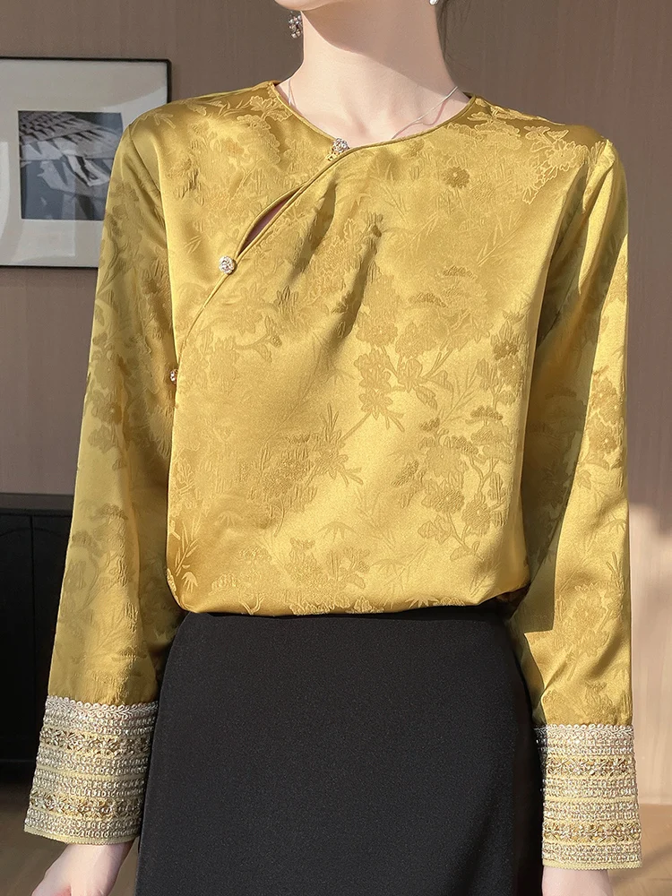 

Ele Vintage Acetate Satin irt Women's Large Size Long Sve Button Frontal Chinese Sle Loose Fit Warm round Ne Top