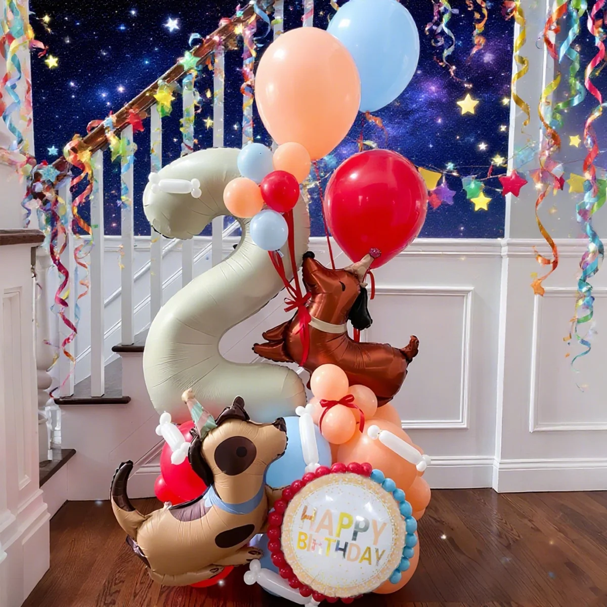 Milchweißes digitales Säulenballon-Set mit niedlichen Hunde-Aluminiumfolienballons für Jubiläums- und Geburtstagsfeiern (0-9) – Detail 4