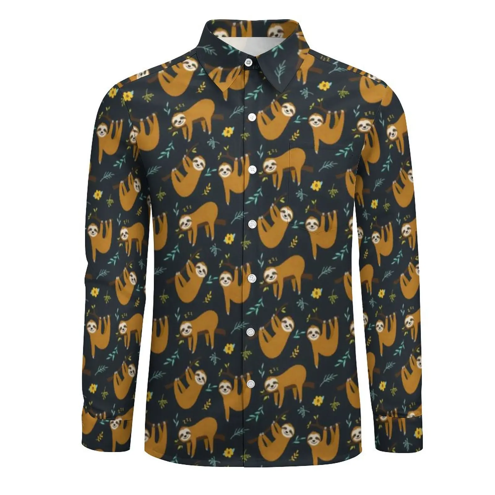 Adorable Sloths Pattern Casual Shirt Mens Funny Jungle Comfortable Shirt Autumn Retro Blouses Long Sleeve Oversize Clothing