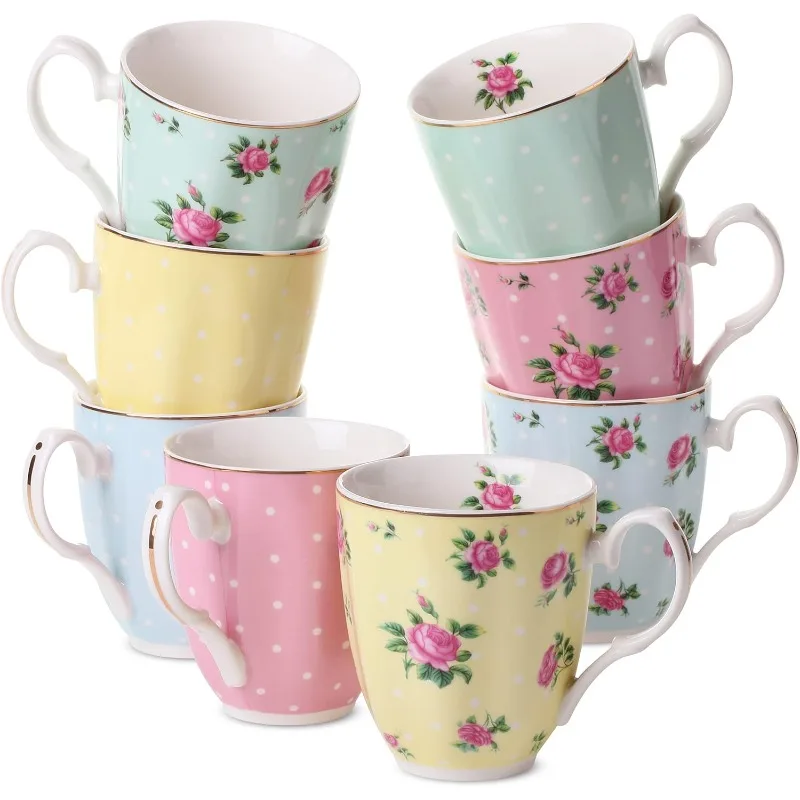 

BTaT- Royal Coffee Mugs, 12 oz, Set of 8, Floral Mugs, Porcelain Bone China, Tea Mug, Coffee Cups, Coffee Mug Set, Large