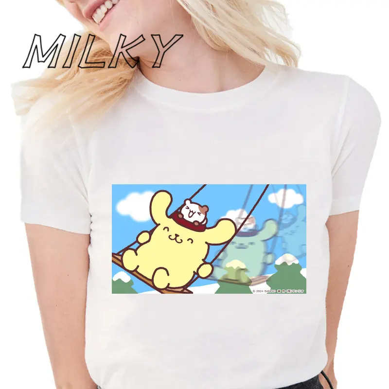 White Pompompurin T Shirt Women T-shirt Pom Pom Purin Clothes Tshirt Short Sleeve Tops Tee Women Clothing Aesthetic Clothes