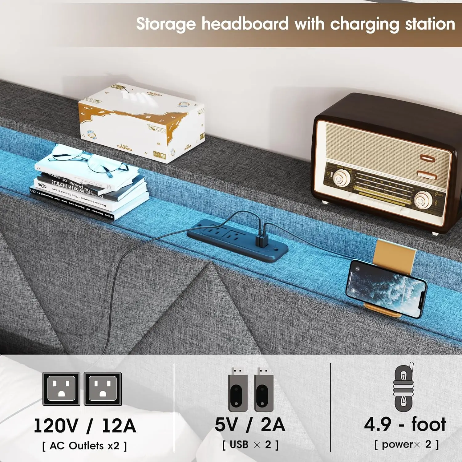 Bett rahmen mit Stauraum Kopfteil und 4 Schubladen, gepolsterte Plattform mit Ladestation und LED-Leuchten, verstellbares Kopfteil