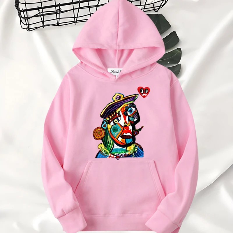 

Picasso Oil Painting Strange Face Printing Women Hoodie Polyester Red Eyes Beard Heart Embroidery Pullover Pockets Loose Hoody