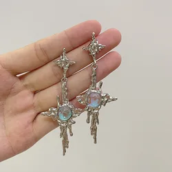 Irregular Liquid Metal Cross Moonstone Dangle Earrings Young Girl Trend Metal Cross Moonstone Drops Earrings Jewelry Wholesale