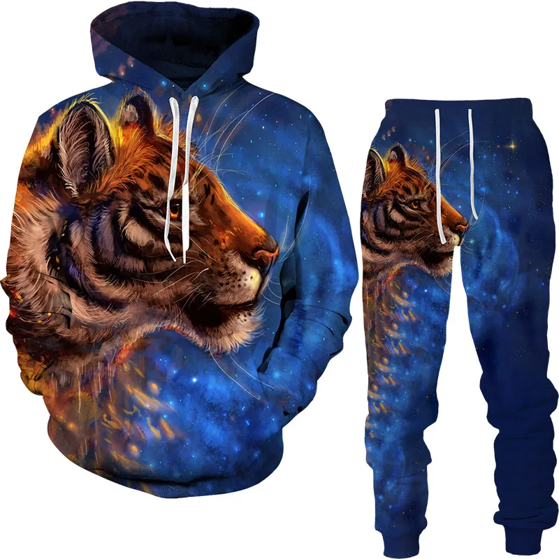 Autumn Tracksuit Men\'s Digital 3D Lion King Print Men\'s Hoodie Long-Sleeved Sweater + Pants Sets Men\'s Sportswear Men\'s Suit