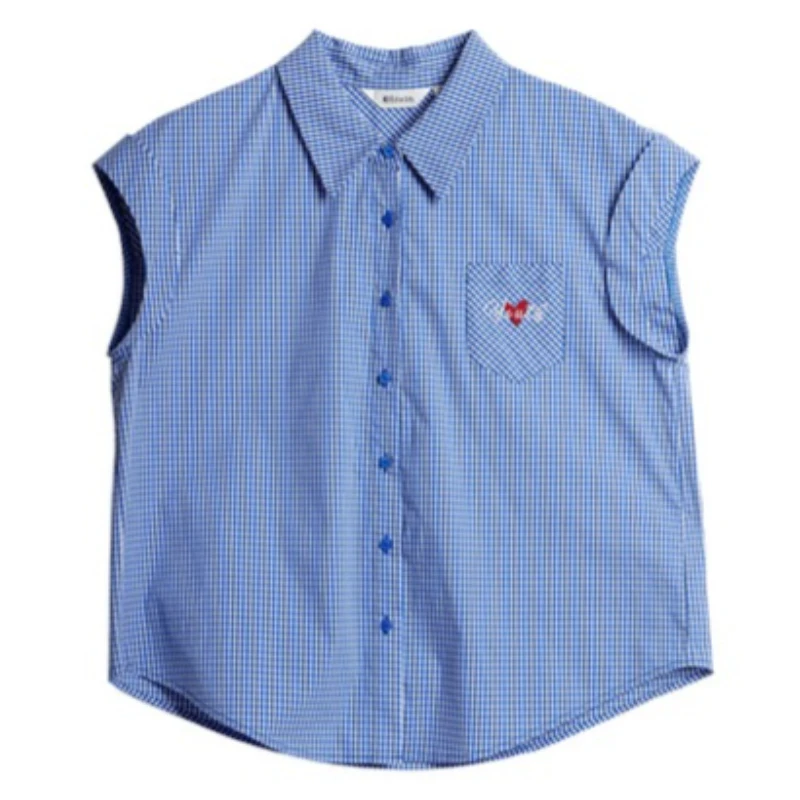 OLrain Summer Blue Plaid Shirt Women 2025 Ladies Casual Short Sleeve Letter Embroider Pocket Woman Shirts & Blouses O57XC98016