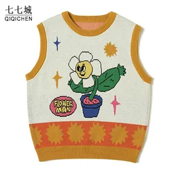 College Knitted Vest Sweaters Men Women Streetwear Hip Hop Casual Cartoons Pattern O-neck Pullover Loose Sleeveless Sweater Tops