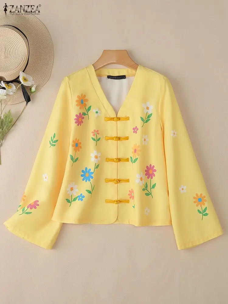 

ZANZEA Floral Printing Yellow Shirts Womens Vintage Frog Buttons V-Neck Long Sleeve Button Up Casual Shirt Woman Clothing S-3XL