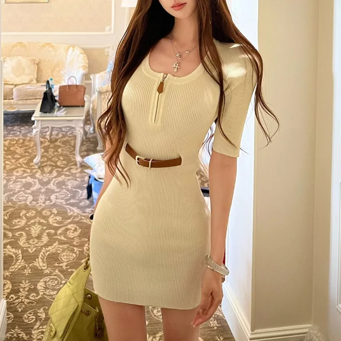 Modern Style Knitted Dress Office Lady Elegant Hong Kong Style Daily Commute Workwear Female Polyester Fabric Full Sleeve