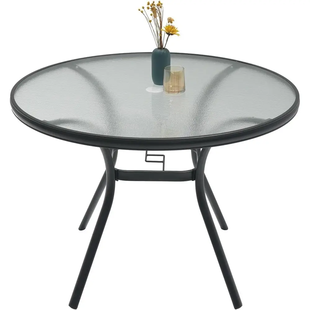 

40 Glass Top 4-Person Outdoor Dining Table with Umbrella Hole, Black Powder-Coated