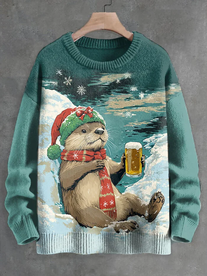 

Men's Otter Drinking Beer Christmas Snowflake Print Knit Sweatshirt Pullover Sweater Women For Men Sweater