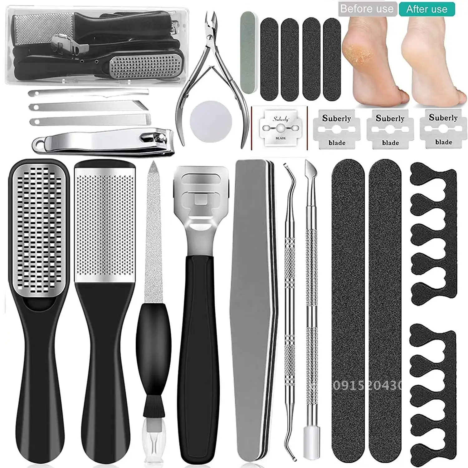 Kit de pédicure professionnel 25 en 1, ensemble d'outils de pédicure professionnels, râpe à pied, dissolvant de peau de fréquence des pieds pour la maison et le salon, ensemble d'outils de soins