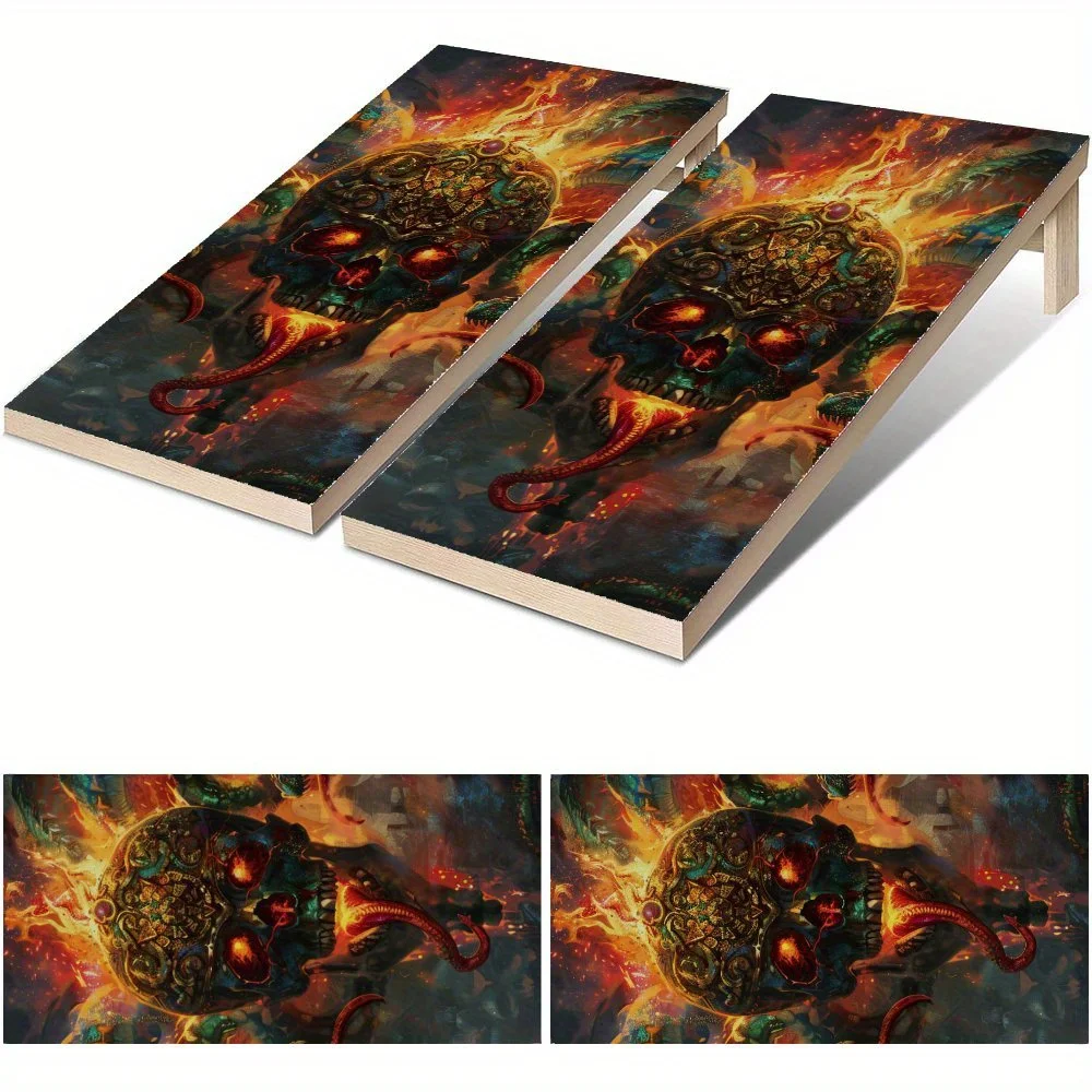 Flaming Skull Waterproof Cornhole Board Vinyl Wraps, PVC Outdoor Game Board Design, Perfect for Sports & Leisure Activities, Dur