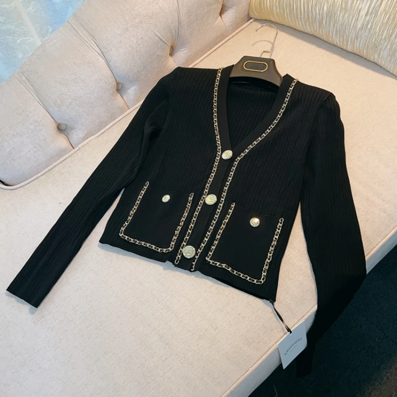 

2023 Spring Autumn Cardigans Para Mujer Casual V-neck Long Sleeve Tops for Women Elegant Black Knitted Sweater Mujer