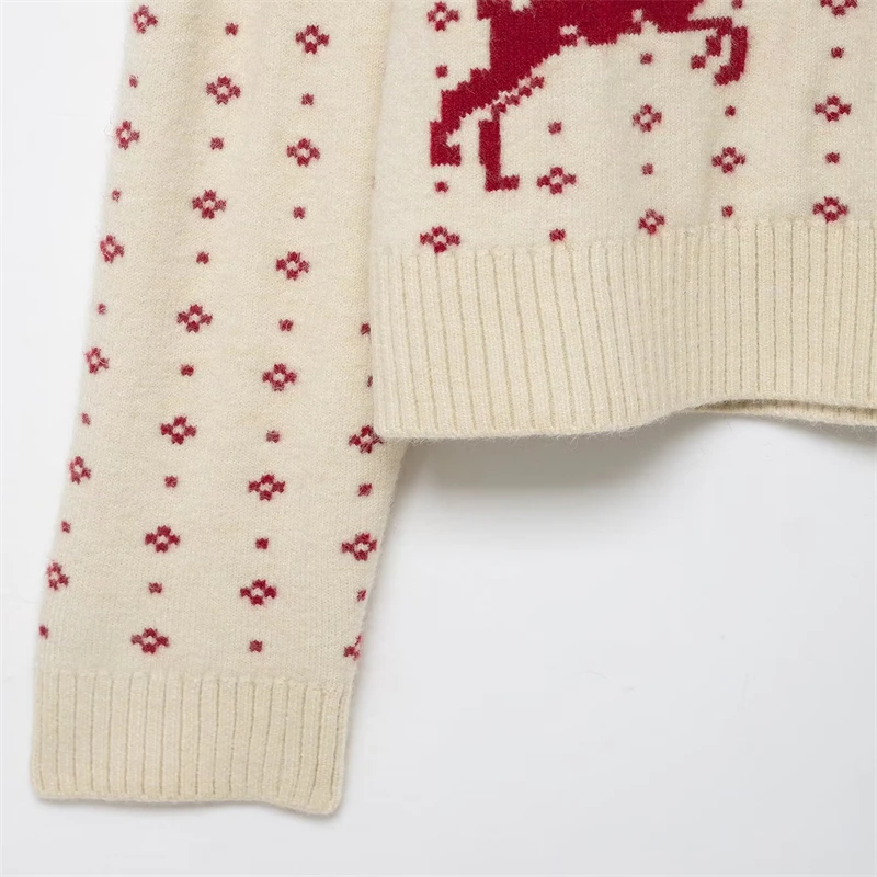 Weihnachts-Rentier-Schneeflockenpullover für Damen – Strickpullover mit Stehkragen, festlicher Strickpullover in Rot und Creme für den Urlaub