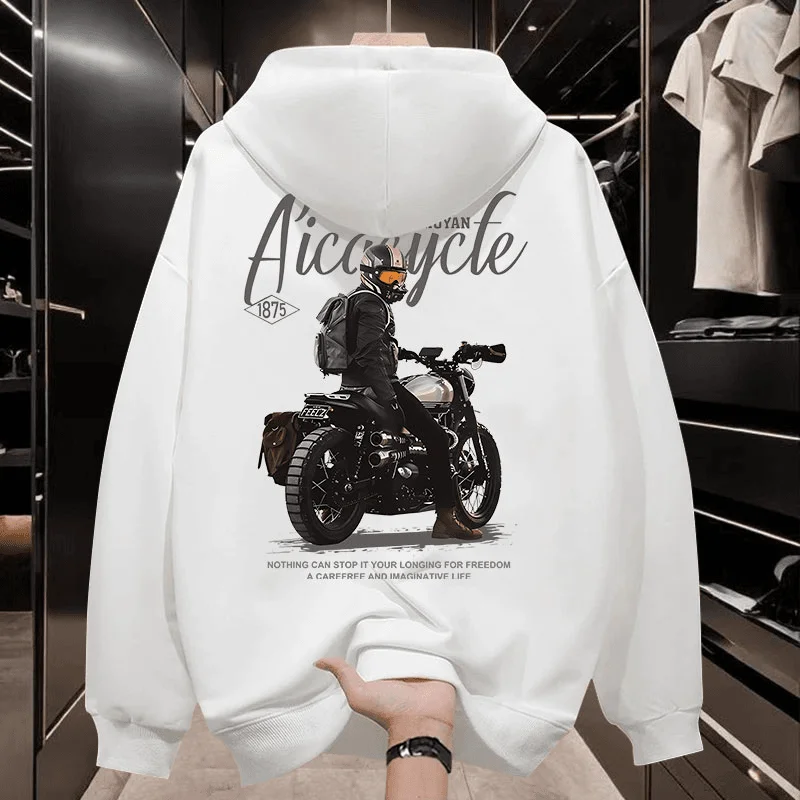 Autumn Winter Men's Cotton Hoodies  American Motorcycle Print Hoodie for Teenage Students High Quality Men Casual Streetwear New