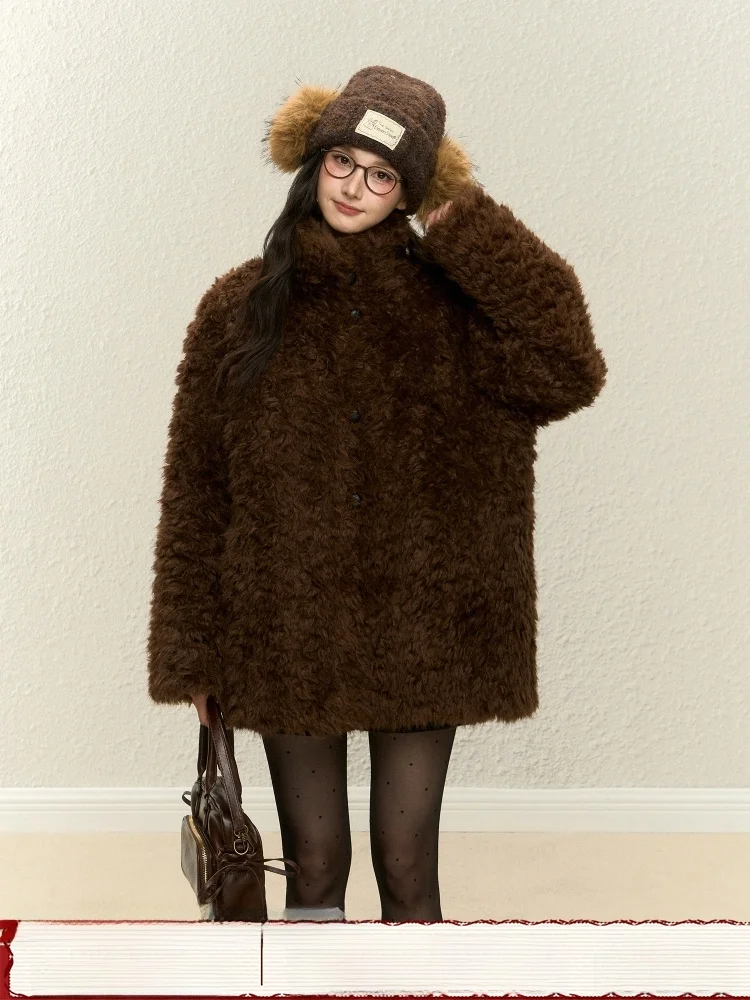 

ELEVEN SP Brown Fur Jaet Korean Sle Stand Collar Women's Outerwear Suede Leather Fur Inteated Warmth Long Sve Coat