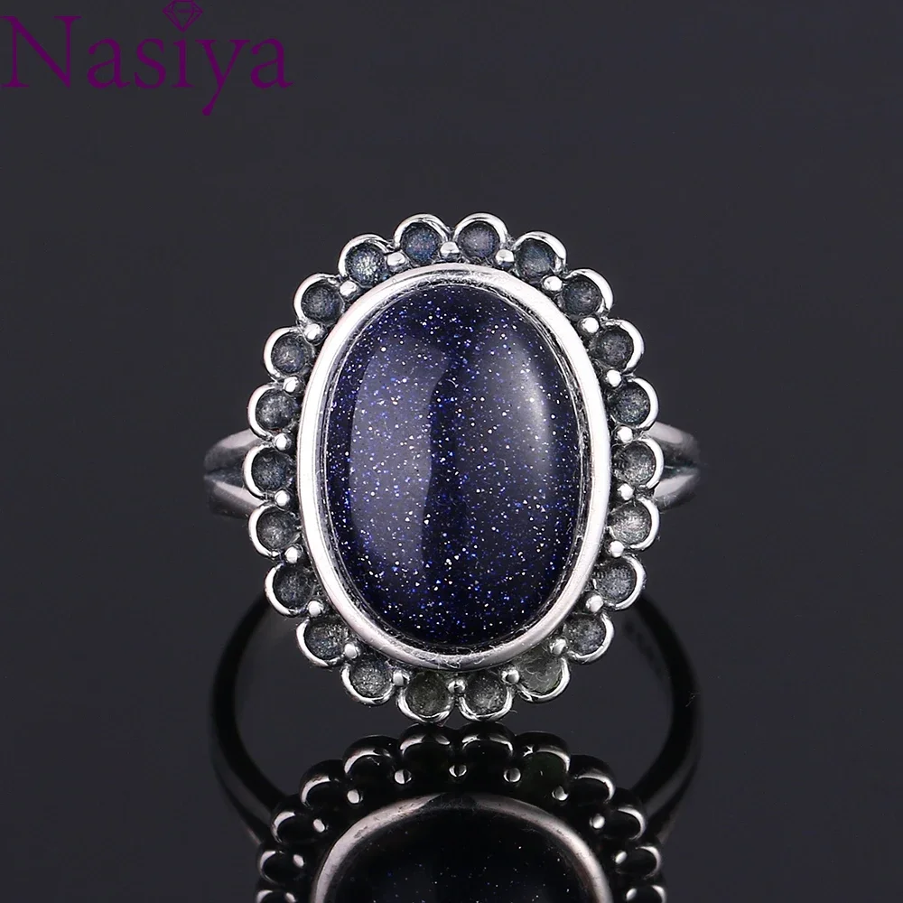 

Nasiya Elegant Simple Oval Blue Sandstone Rings Women Girls Silver Fine Jewelry Anniversary Engagement Party Gift