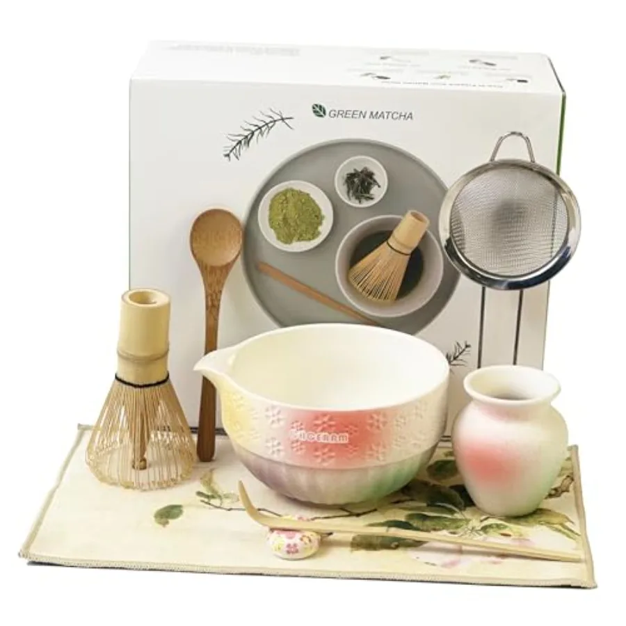 

Matte Textured Ceramic Matcha Whisk Set 8-Piece Matcha Kit Includes Matcha Bowl Bamboo Whisk Chasen Holder Scoop Scoop Rest Sif