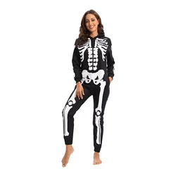 Women Onesies Long Sleeve Jumpsuits Sleepwear Hooded Pajamas Adult Halloween Black Skeleton Print Pyjamas