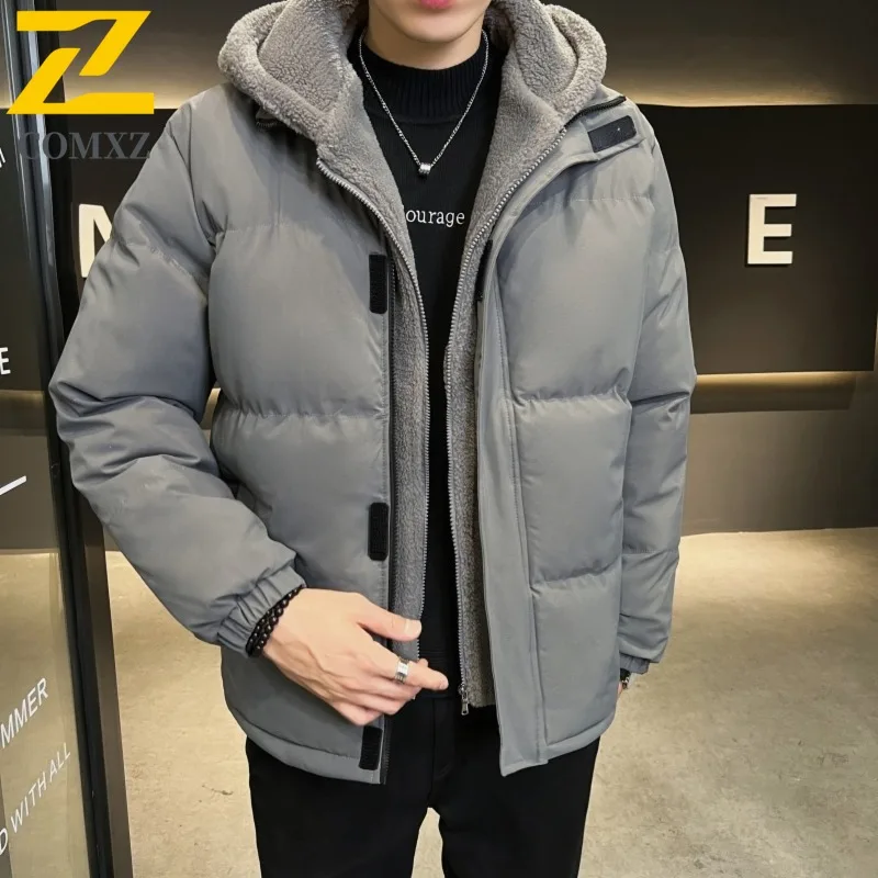 COMXZ 2025 Plus Size Mens Winter Hooded Fleece Lined Cotton Jacket Warm Windproof Casual Fashion Outwear lightweight windbreaker