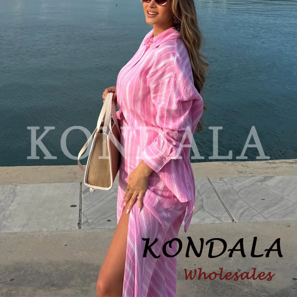 KONDALA Chic Fashion 2026 Women Pink Casual Striped Suits Single Breasted Loose Shirt+Draped Long Midi Split Skirt Female Sets view 3