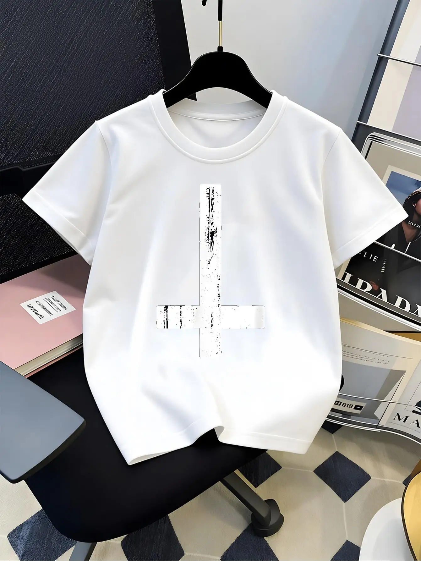 Distressed White Inverted Cross Symbol Graphic T Shirt For Boys Girls Family Matching Short Sleeve Tee Parent Kids Summer Tops