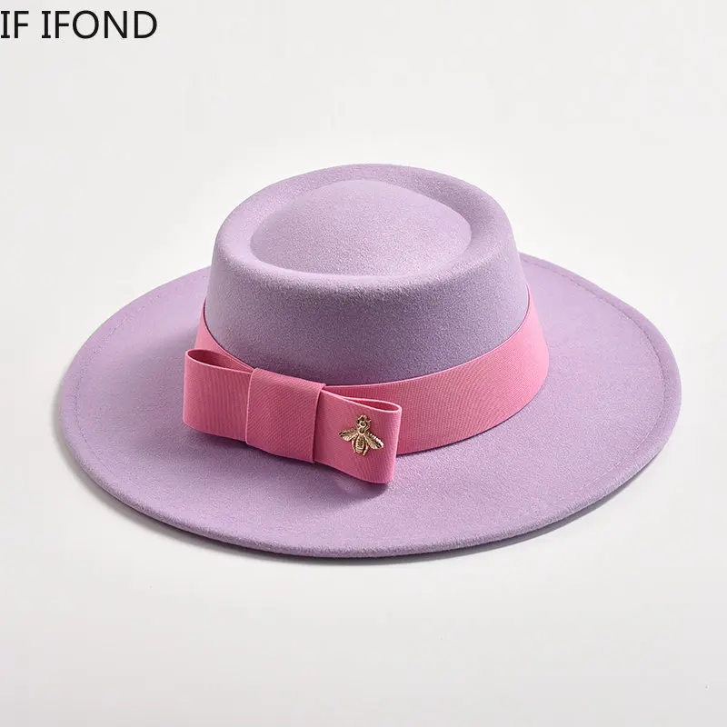 

Fedora Hat for Women Flat Top Concave Design Elegant Lady Bow Felt Jazz Hats Colorful Wedding Party Round Dress Caps