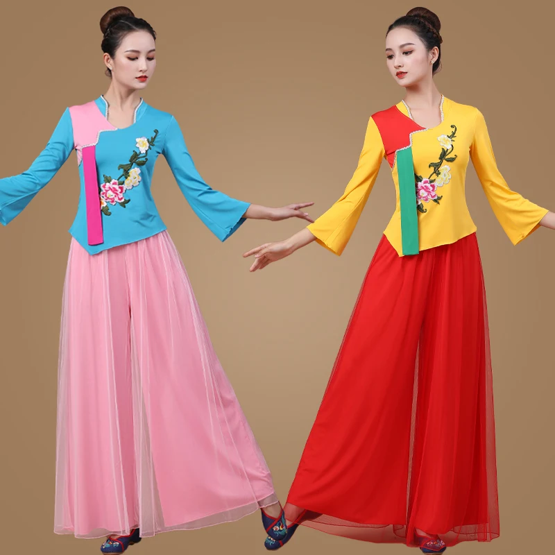 중년 및 노년 여성용 봄 여름 신상 민족 스타일 스퀘어 댄스 공연 의상 세트 축제 의류