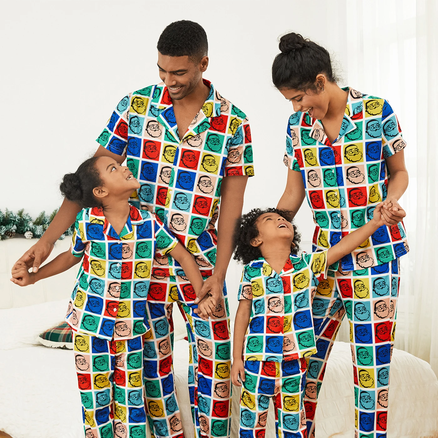 PatPat Christmas Family Matching Colorful Santa All-over Print Plaid Short-sleeve Pajamas Sets(Flame resistant)