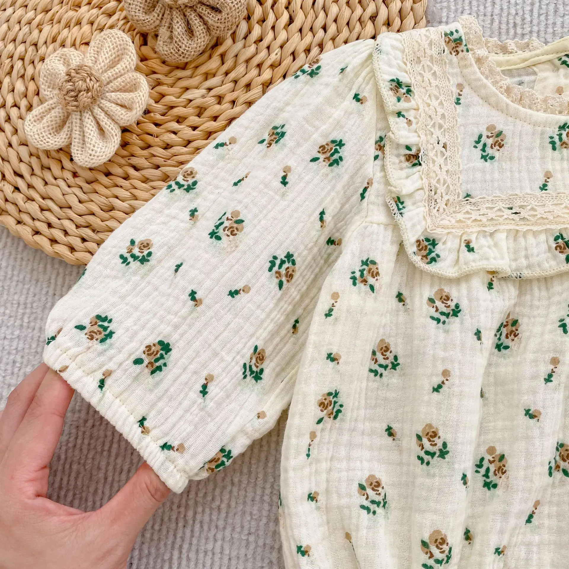 2025 Newborn Baby Girl Sister Outfit Korean Style Floral Print Long Sleeve Romper with Lace Trim Infant Girls Casual Party Dress