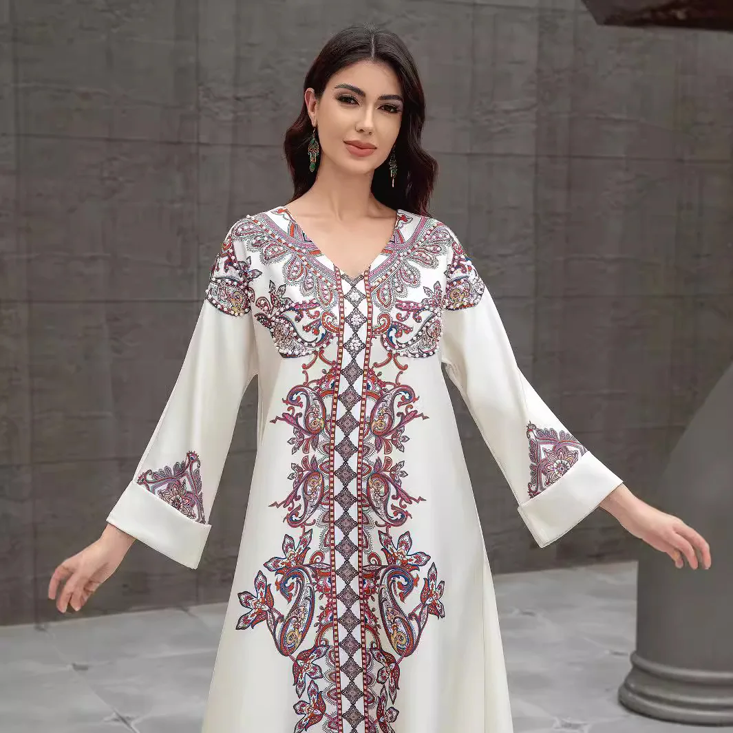 

Sw0826 Women's Elegant Printed Beaded Dress Cocktail 2026 Muslim Long Dress Robe Abaya Ramadan Dubai Luxury Islam Elegant