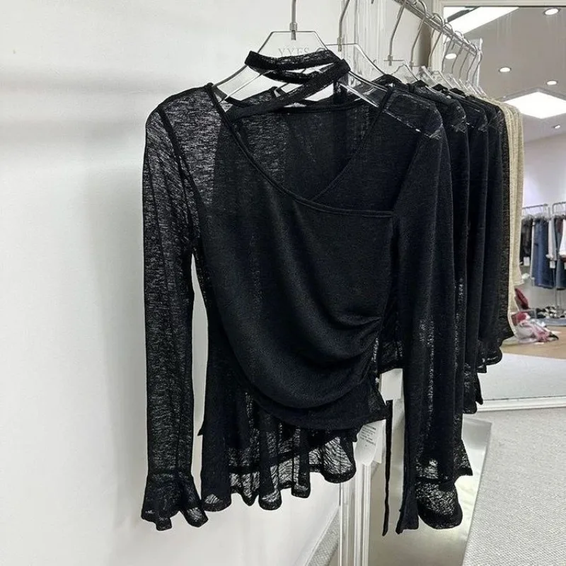 เสื้อยืดแขนยาวทรงเข้ารูปสำหรับผู้หญิง แต่งระบาย ดีไซน์เกาหลี เซ็กซี่ ผูกเอว สไตล์ Y2K เสื้อผ้าฤดูใบไม้ร่วง