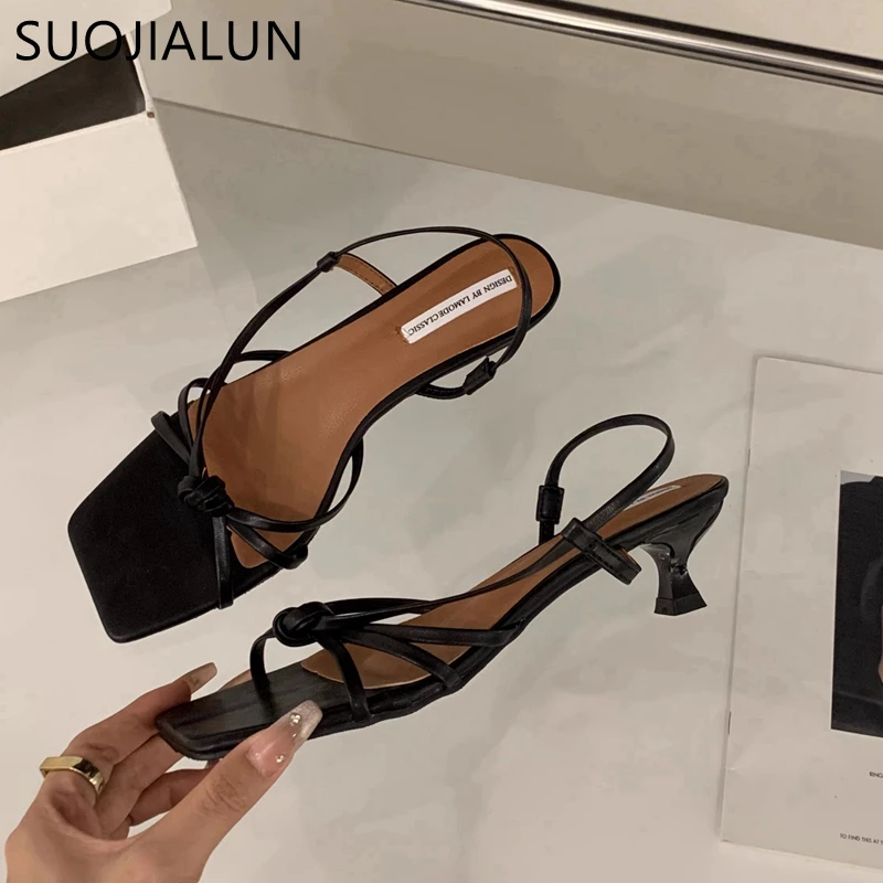 SUOJIALUN 2024 Summer New Brand Women Sandal Shoes Fashion Narrow Band Ladies Elegant Slides Med Heel Outdoor Gladiator Shoes